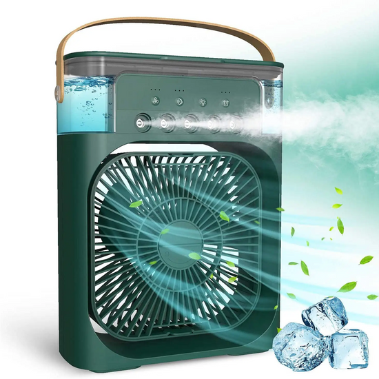 A portable humidifier with a green color scheme, featuring a fan and a handle on top. 